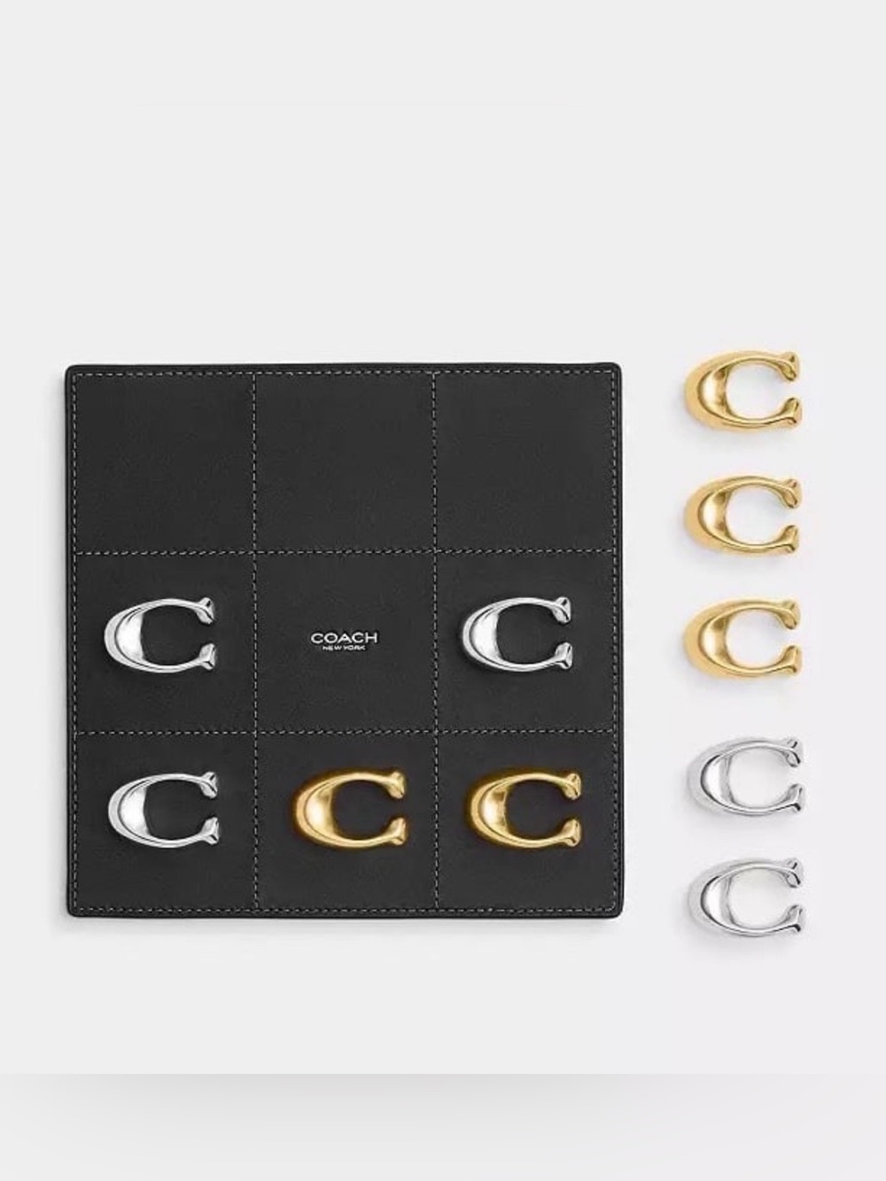 Coach Boxed Tic Tac Toe Set in Brass & Silver/Black Glovetanned Leather NWT